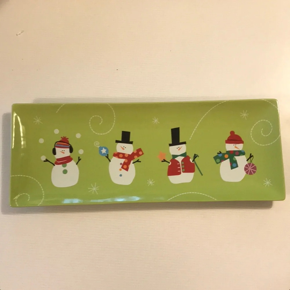NWT snowman rectangular plate bright green for aperitifs cheese crackers fruit